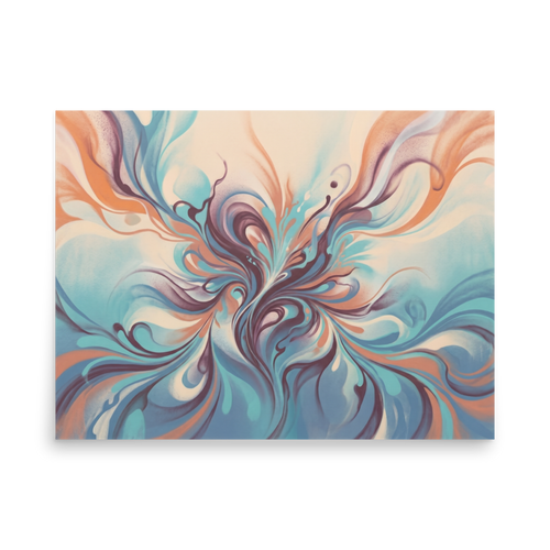 'Aqua Arabesque' — a Abstract art print. An intricate fluid abstract design in teal, peach, and deep purple with graceful sweeping curves, perfect for a Salon / Spa.