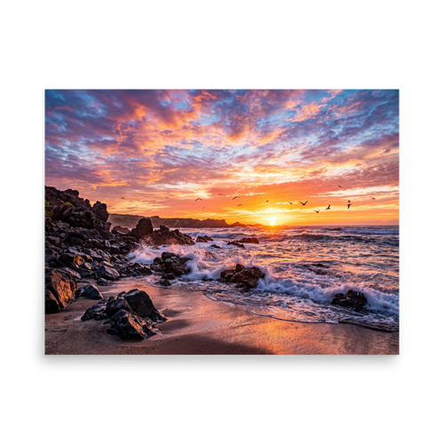 'Coastal Fire' — a Art photography print. A vibrant photograph of a sunset over a rocky beach with crashing waves and birds flying in the distance, a beautiful piece for a Living Room.
