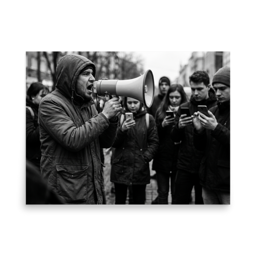 'Deafening Silence' — a Art photography print. Black and white photograph of a man shouting into a megaphone while the surrounding crowd ignores him to look at their smartphones, fitting for an office or den.
