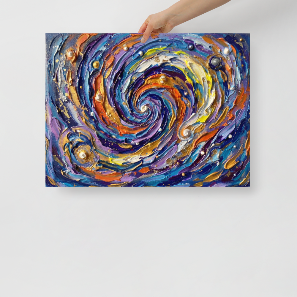 'Cosmic Swirl' — a Abstract expressionism print. A textured and swirling galaxy of blues, purples, and golds, creating an awe-inspiring focal point for a living room.