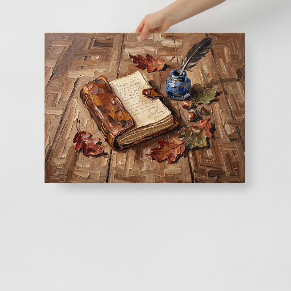 'Chronicles in Oak' — a Impressionism print. Impasto oil painting of an open book, quill, and inkwell on a wooden table, perfect for a library.