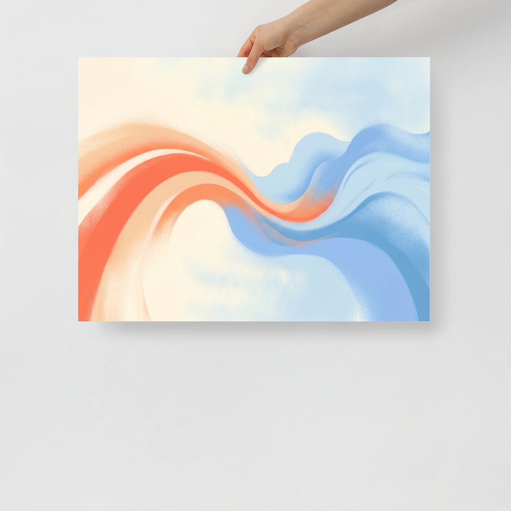 'Soft Serenade' — a Abstract art print. Soft sweeping abstract ribbons of pastel orange and blue on a warm background, beautifully suited for a Bedroom.