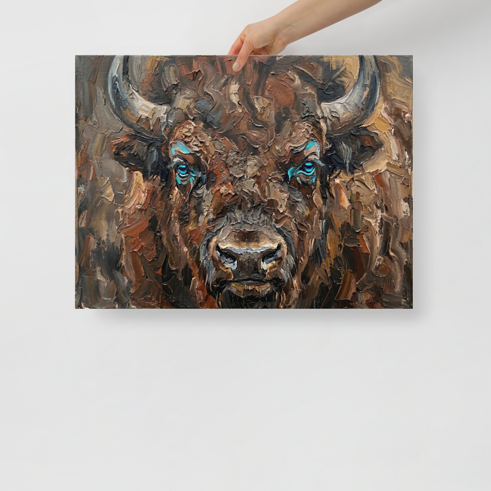 'Gaze of the Plains' — a Realism print. An impasto portrait of a brown bison with bright blue eyes, adding rustic strength to a Man Cave.