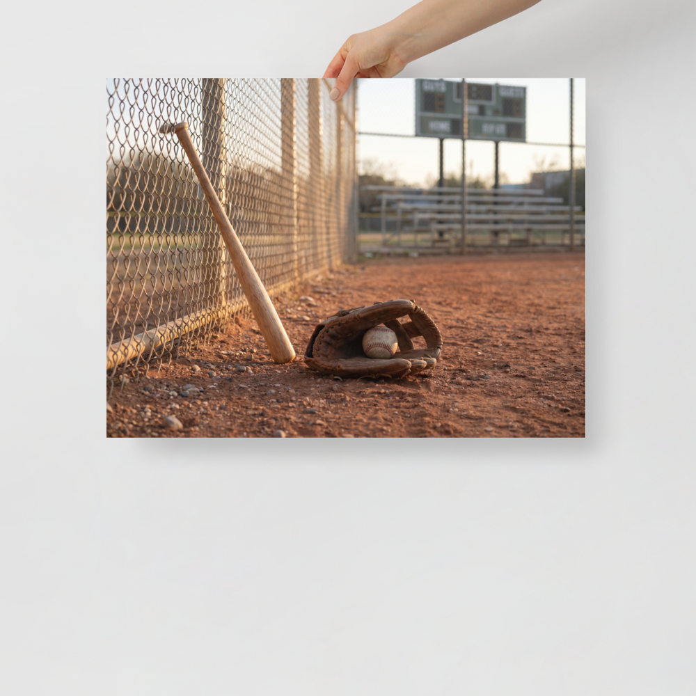 'Field of Memories' — a Art photography print. A photograph of a baseball bat leaning against a fence next to a glove and ball on a dirt field at sunset, a nostalgic piece for a Game Room.
