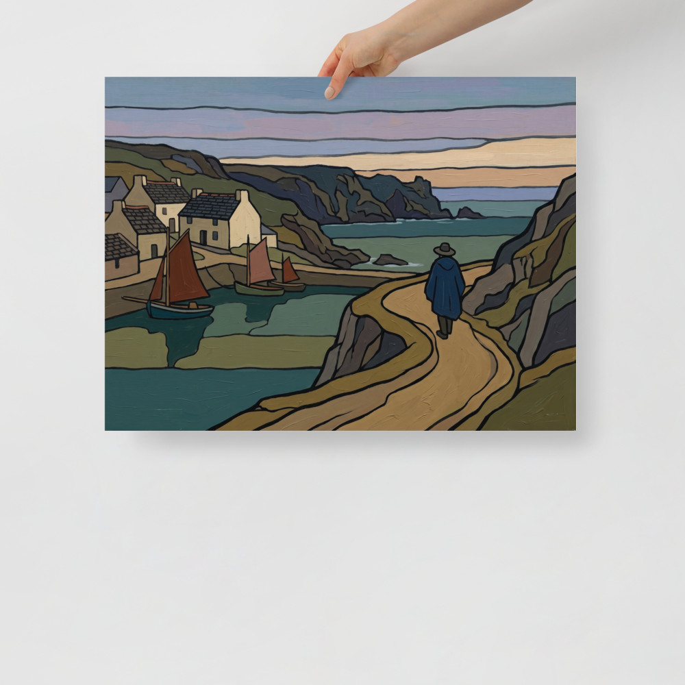 'The Winding Coastal Path' — a Cloisonnism print. A moody Cloisonnism painting of a traveler walking a winding path near a coastal village, ideal for a quiet library.