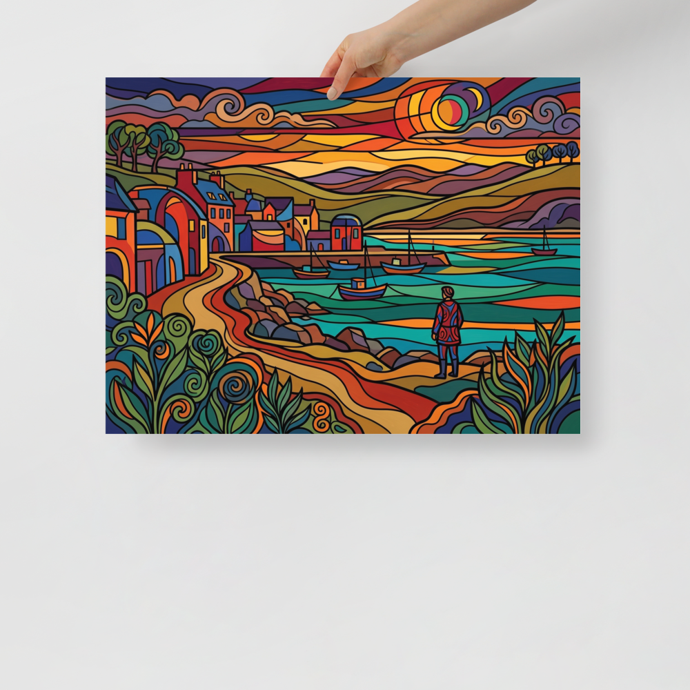 'Harbor at Dusk in Stained Glass' — a Cloisonnism print. A vibrant Cloisonnism style painting of a coastal harbor village with a figure looking at boats, perfect for a lively living room.