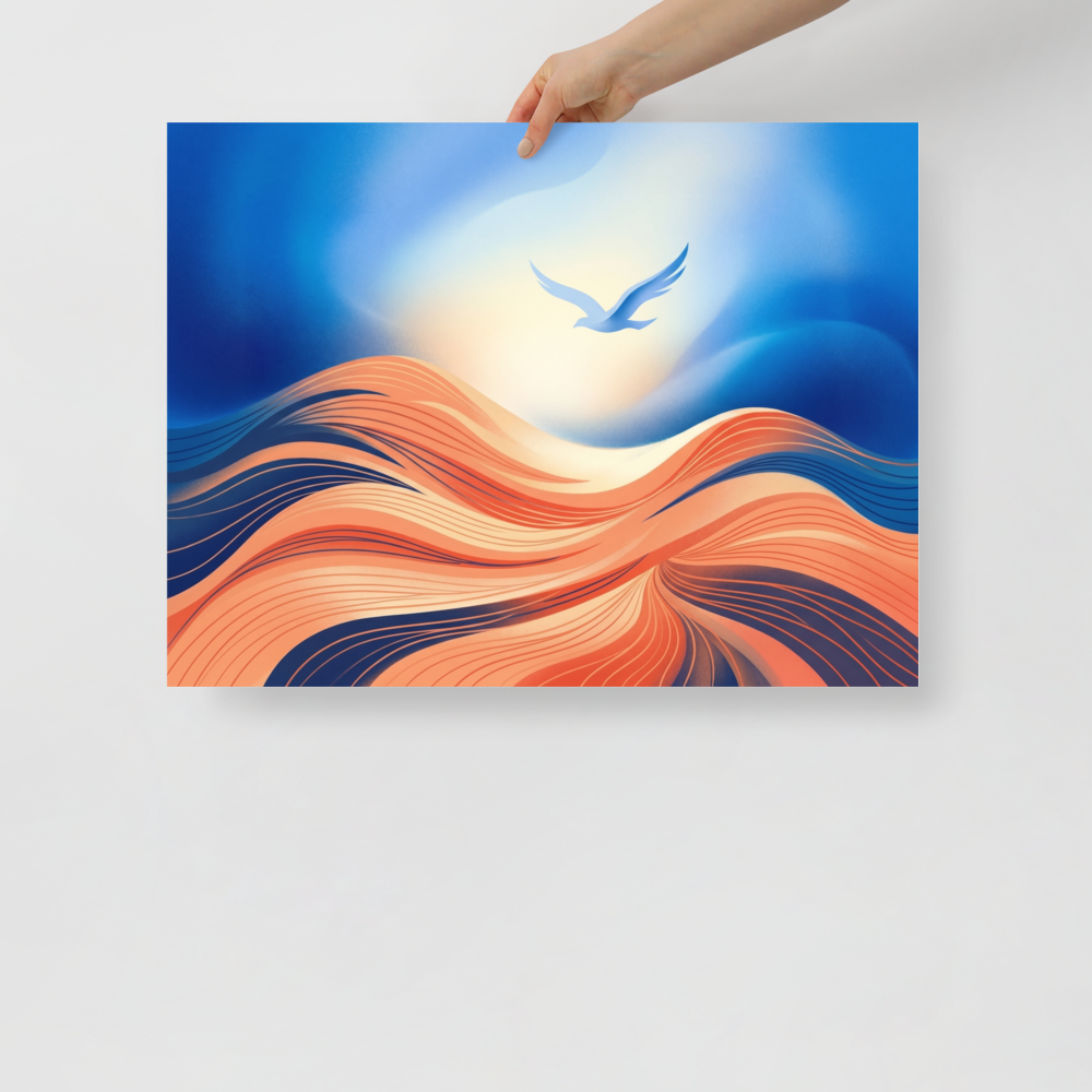 'Flight Over the Dunes' — a Abstract art print. A stylized bird flying over flowing textured orange waves or dunes under a bright blue sky, great for a Sunroom / Conservatory.