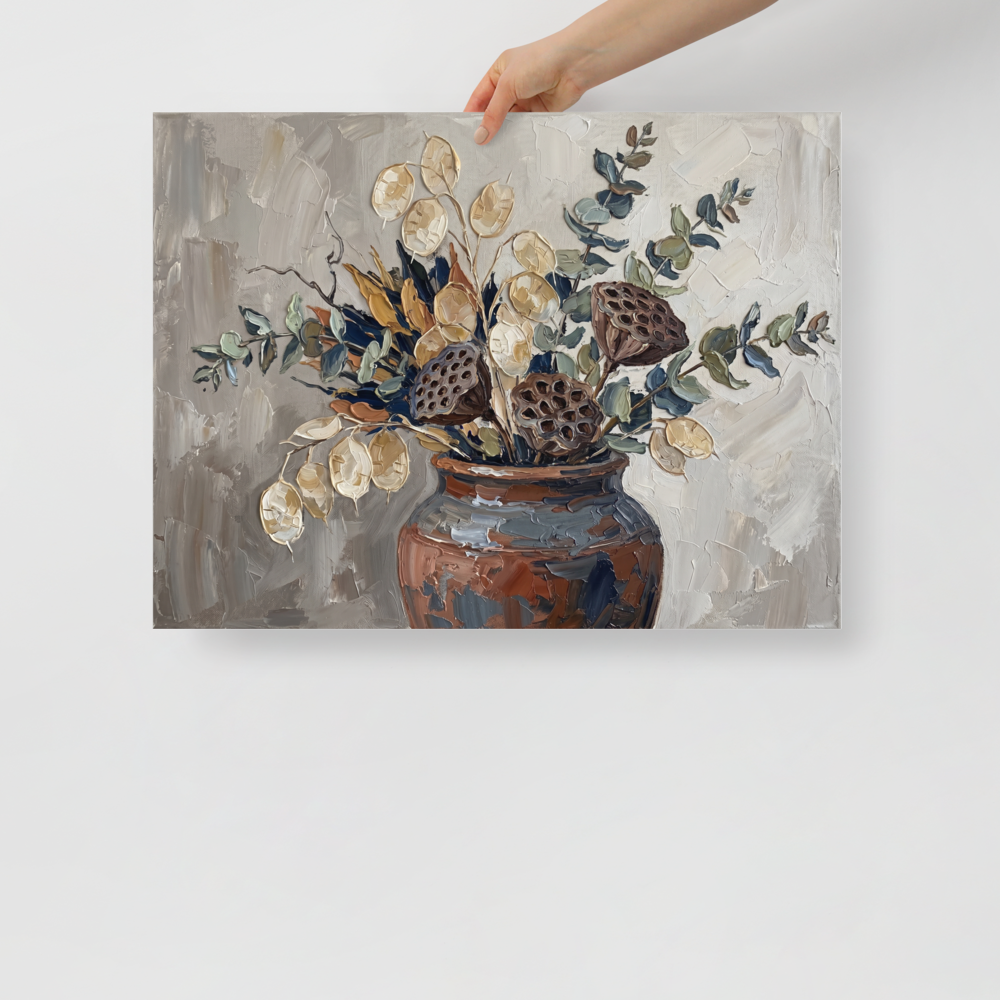 'Earthy Blooms in Clay' — a Expressionism print. An impasto painting of dried botanicals in a brown clay vase, perfect for adding earthy texture to a Living Room.