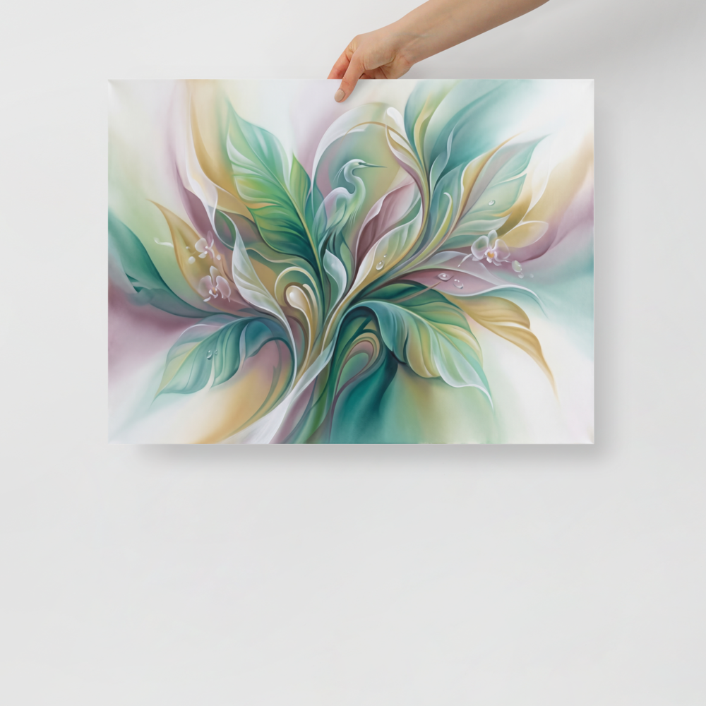 'Emerald Sanctuary' — a Surrealism print. A soft airbrush painting of elegant leaves and a subtle heron in gentle greens and purples, perfect for a relaxing bathroom.