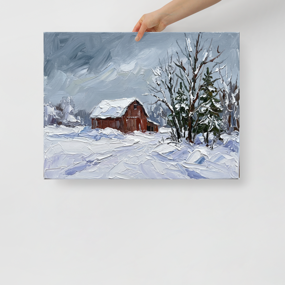 'Winter at the Red Barn' — a Impressionism print. A thick impasto painting of a quiet winter landscape featuring a snowy field, a rustic red barn, and snow-laden evergreen trees under a grey sky, perfect for a living room.