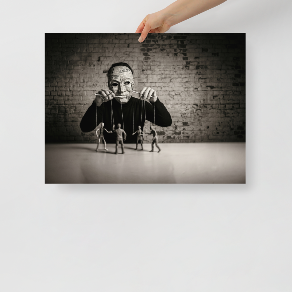 'The Puppeteer of News' — a Surrealism print. Conceptual sepia photograph of a person in a newspaper mask acting as a puppeteer, controlling small human figures on strings against a brick wall, ideal for a moody den or office.