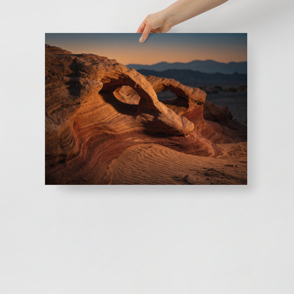 'Desert Whispers' — a Art photography print. A stunning photograph of red sandstone arches in a desert landscape during golden hour, an ideal piece to bring natural warmth to a Living Room.