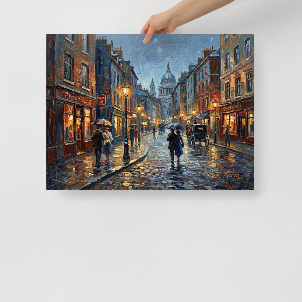 'Evening Rain in the City' — a Impressionism print. A textured impasto painting of a rainy city street at twilight with glowing shop windows and people holding umbrellas, suitable for a living room.