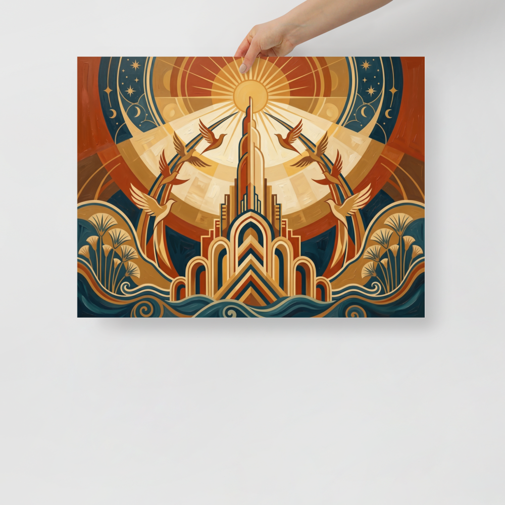 'Deco Sunrise Flight' — a Art Deco print. An Art Deco illustration featuring a central golden tower, stylized waves, and birds flying towards a radiant sunburst, ideal for a bright living room.