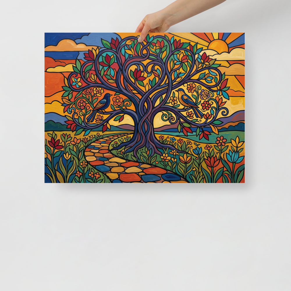 'The Tree of Life' — a Cloisonnism,Pop art print. A colorful cloisonnism illustration of a large tree with swirling branches, colorful leaves, two birds, and a colorful stone path leading towards a bright sunset.