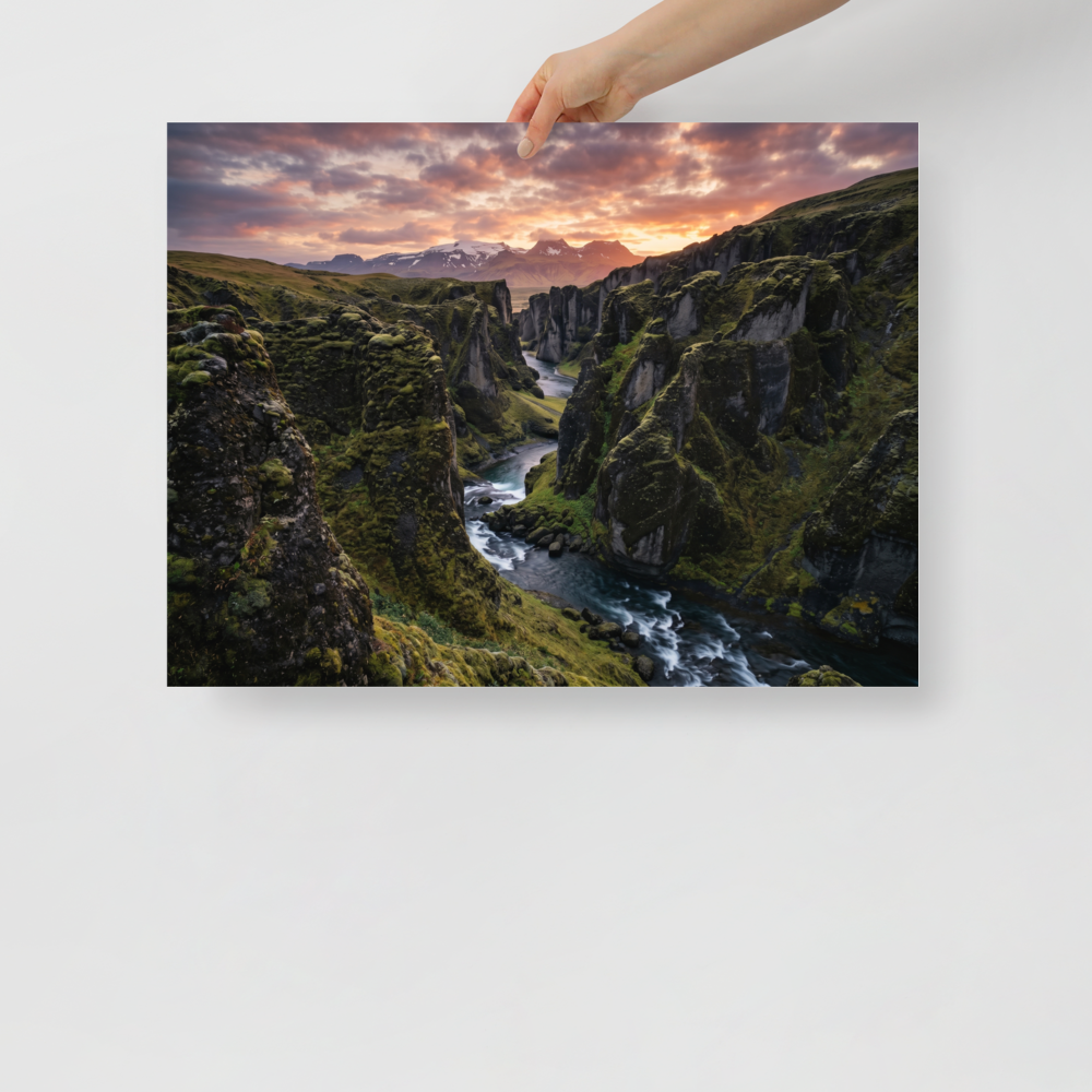 'Canyon of the Dawn' — a Art photography print. A stunning landscape photograph of a moss-covered canyon and river under a vibrant sunrise sky, perfect for bringing the beauty of nature into a Living Room.