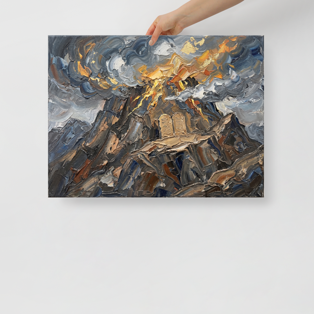 'The Covenant on Sinai' — a Symbolism print. An impasto painting of the Ten Commandments on a fiery mountain with gold accents, perfect for a Prayer Room.