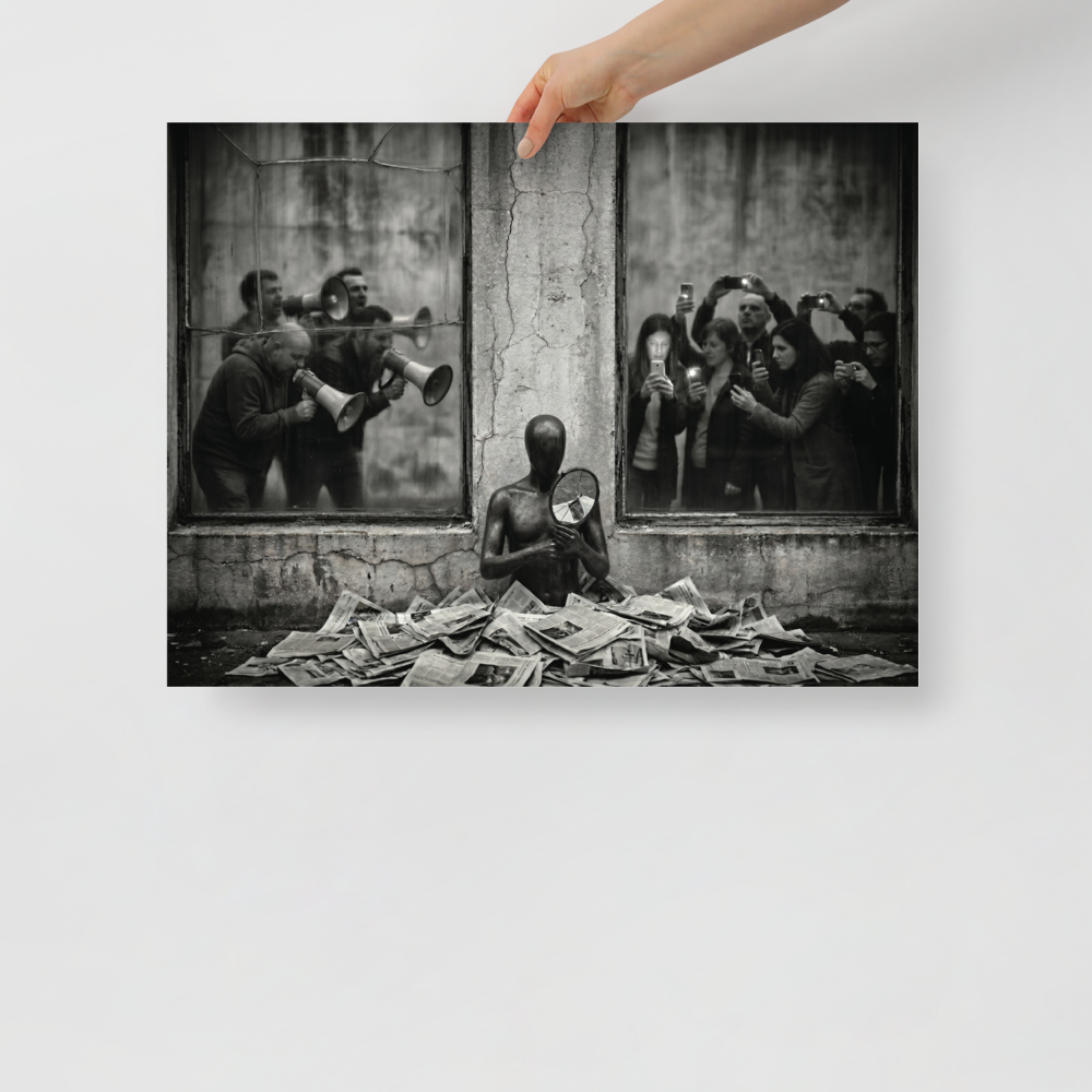 'The Spectacle' — a Surrealism print. A surreal black and white photograph of a faceless figure holding a cracked mirror amidst newspapers, surrounded by people shouting through megaphones and recording with phones, perfect for an Office.