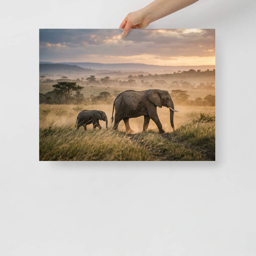 'Savannah Stroll' — a Art photography print. A photograph of a mother elephant and her calf walking through a sunlit, dusty savannah, a perfect nature piece for an Office.