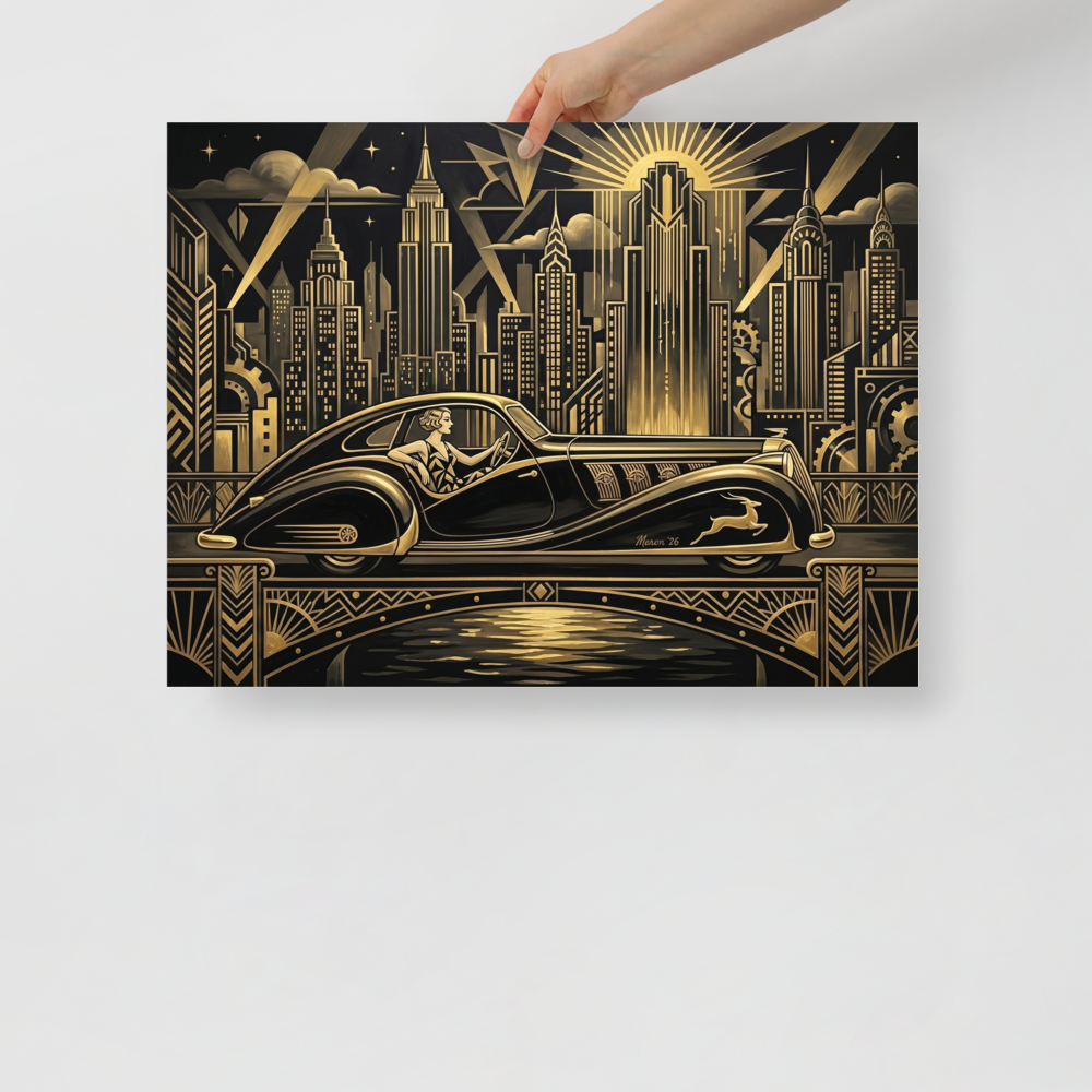 'The Golden Drive' — a Art Deco print. A sleek black and gold vintage car driving over a geometric bridge at night in an Art Deco city, perfect for an Office.