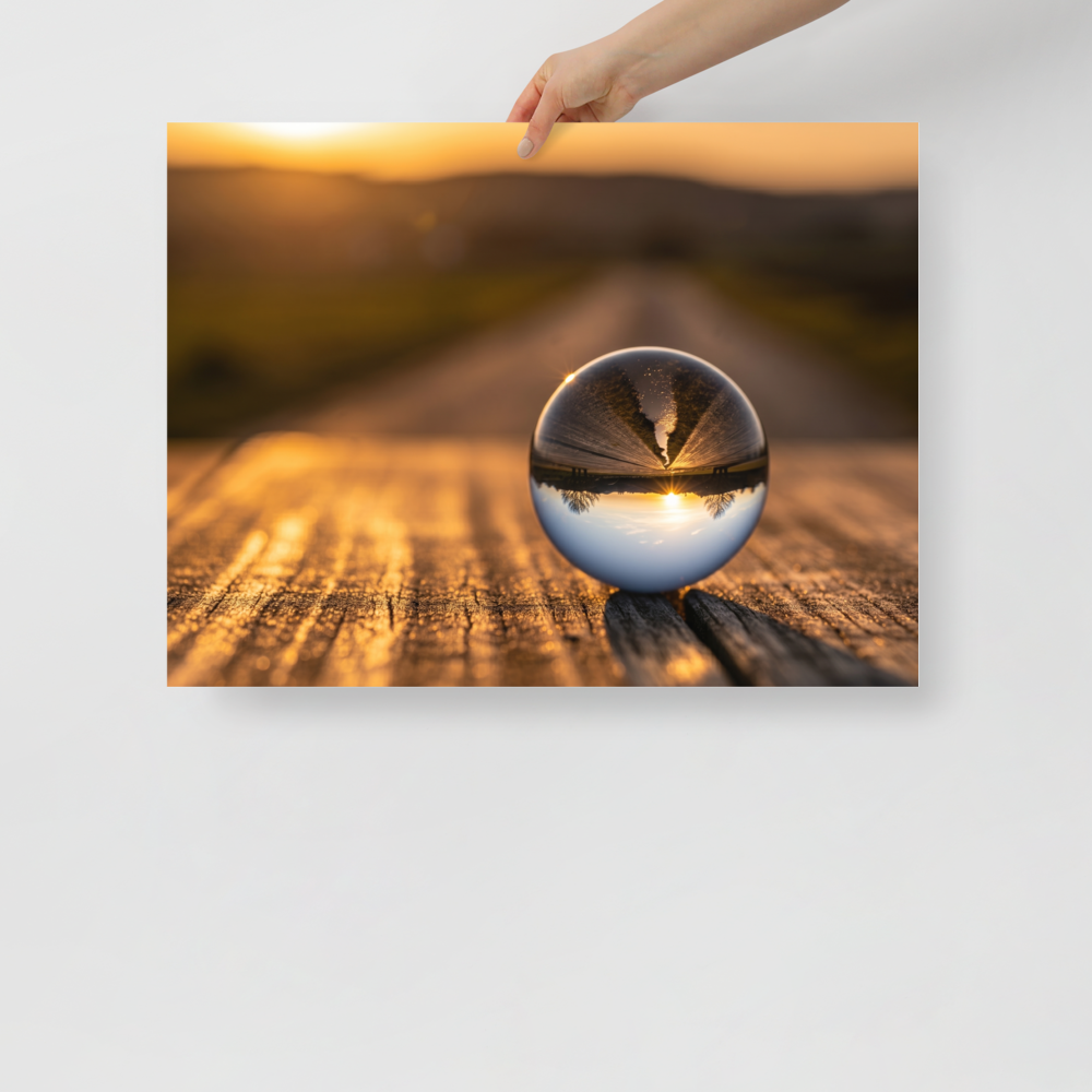 'Inverted Sunset' — a Surrealism print. A glass sphere resting on wood, refracting an upside-down golden sunset landscape.