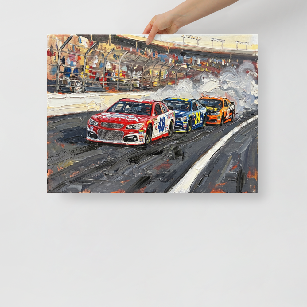 'Thunder on the Track' — a Expressionism print. A highly textured painting of stock cars racing and billowing smoke on a track, perfect for a man cave.