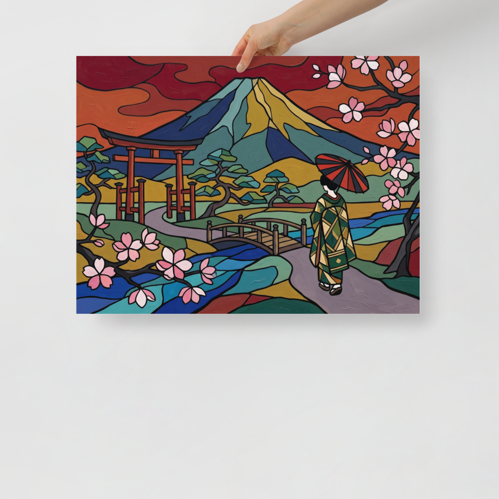 'Spring at Mount Fuji' — a Cloisonnism print. A colorful Cloisonnism painting of a woman walking toward Mount Fuji under cherry blossoms, perfect for adding energy to a living room.