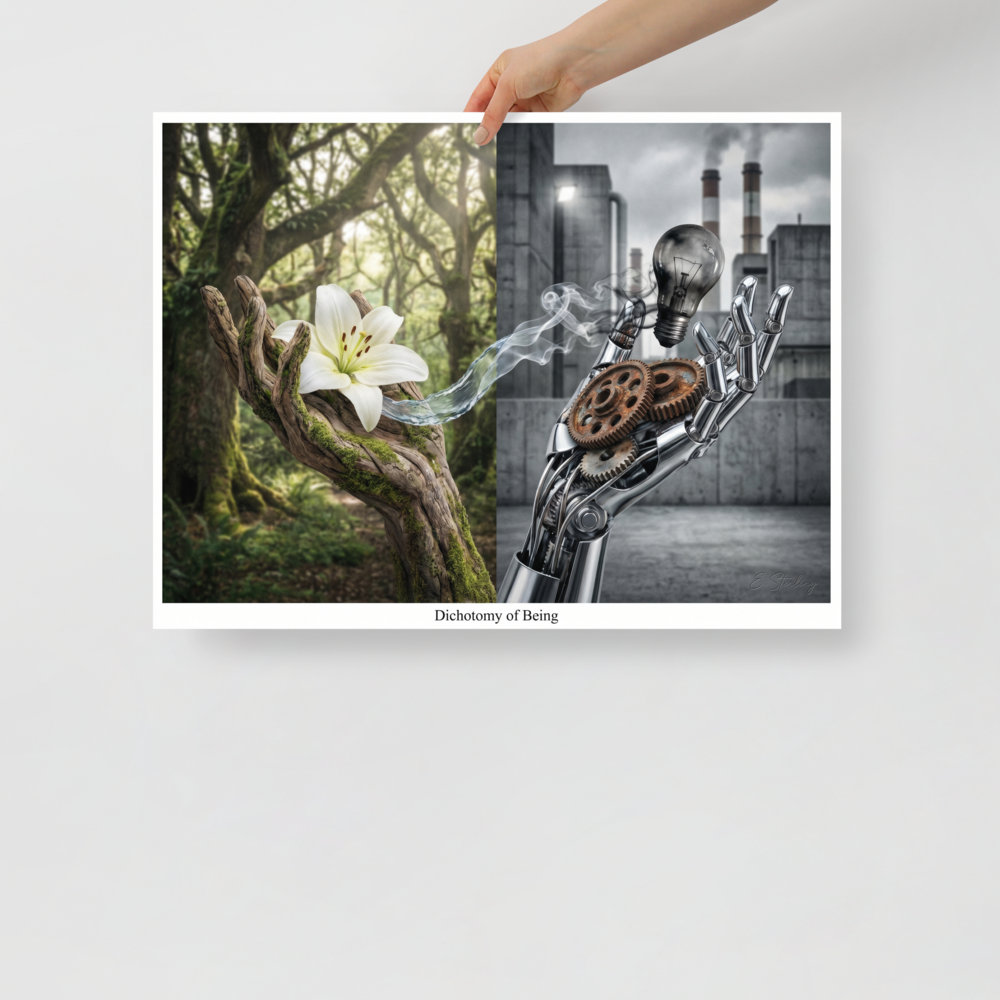 'Dichotomy of Being' — a Surrealism print. A split composition showing a wooden hand holding a white lily on one side and a robotic hand holding a lightbulb on the other, perfect for an office.