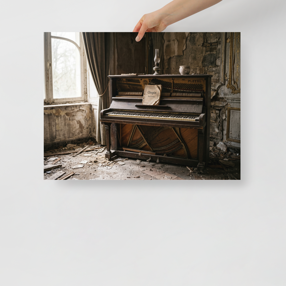 'The Forgotten Melody' — a Art photography print. A photograph of an old, dusty piano with Chopin sheet music in an abandoned room with peeling walls, perfect for bringing a touch of history to a Library.