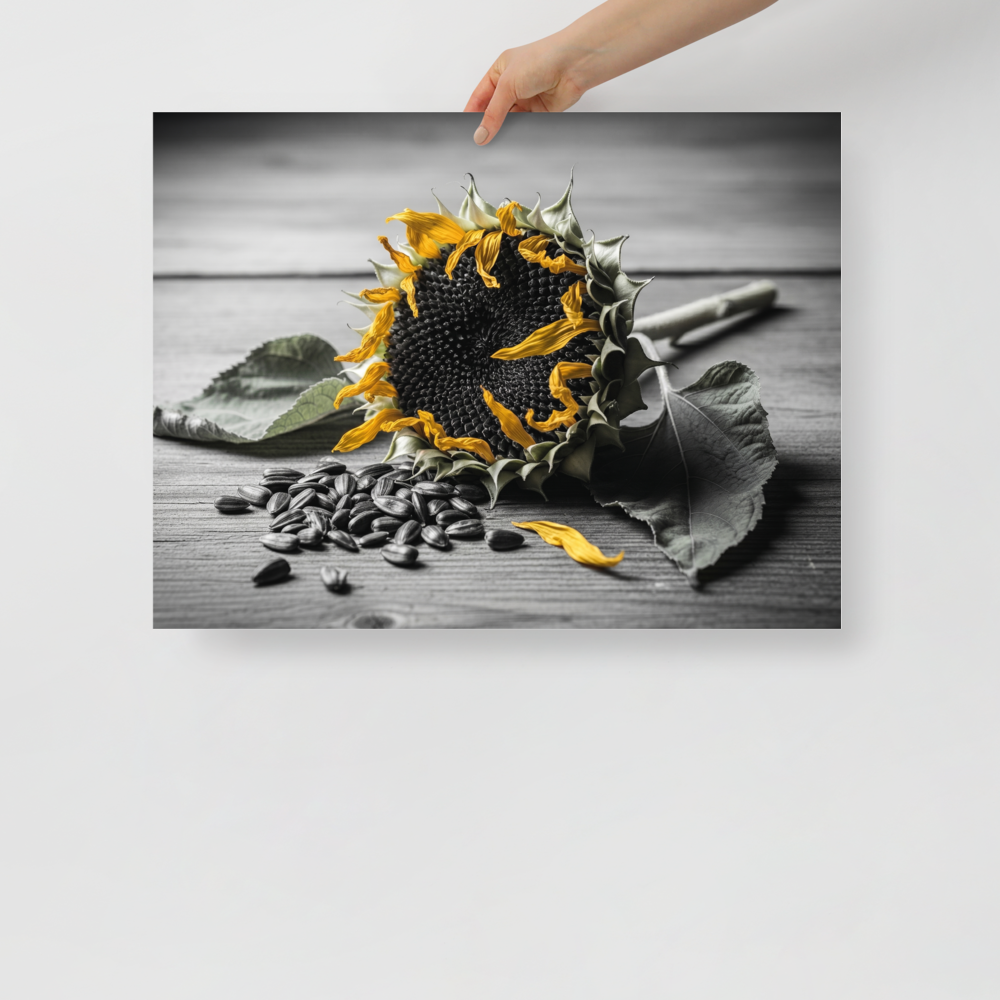 'Harvest Echoes' — a Art photography print. A selective color photograph of a dried sunflower and scattered seeds on a wooden table, offering a rustic yet modern touch for a Kitchen.