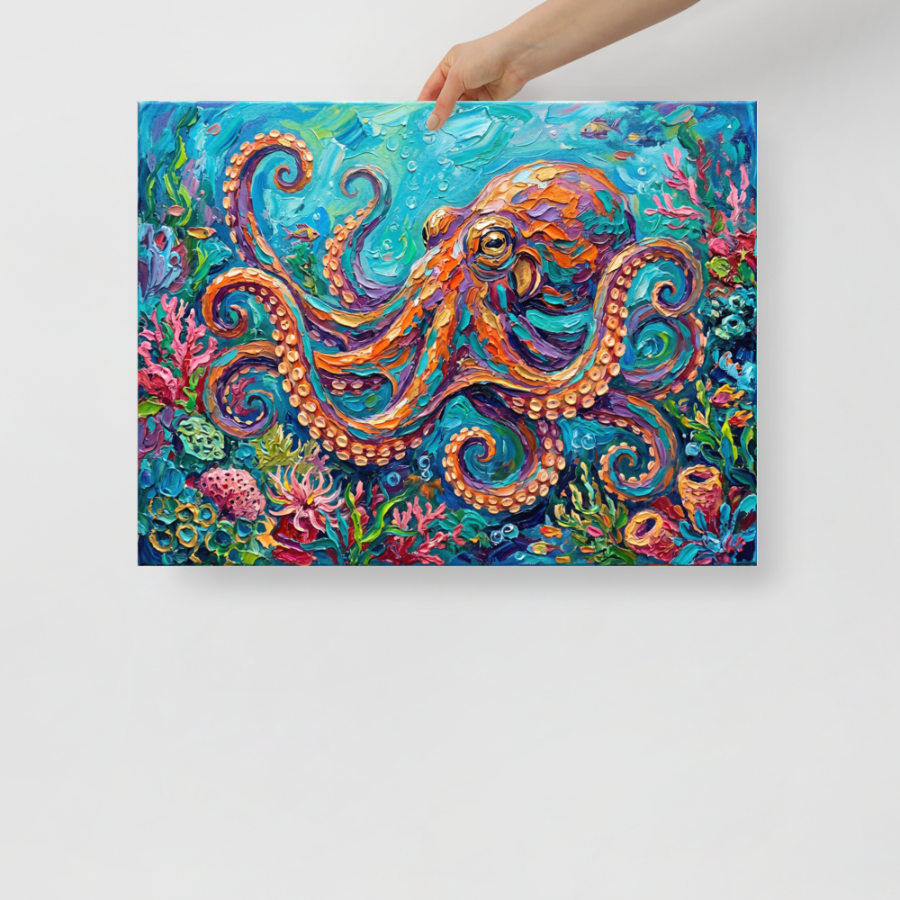 'The Vibrant Octopus' — a Impressionism print. A highly textured, colorful impasto painting of a large orange and purple octopus swimming among vibrant coral reefs in bright blue water, ideal for a bathroom or playroom.