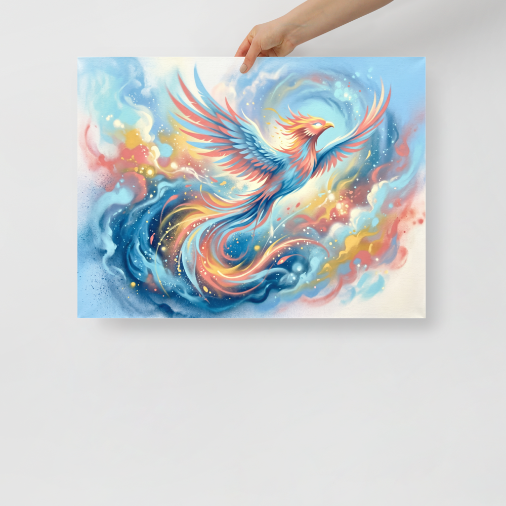 'Phoenix Rising' — a Surrealism print. A vibrant airbrush painting of a majestic phoenix soaring through colorful clouds, adding energy to a living room.