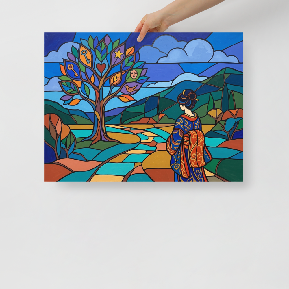 'Kimono in the Valley' — a Cloisonnism,Post-Impressionism print. A colorful Cloisonnism style painting of a woman in a kimono looking at a magical tree with symbols in a stained glass landscape, ideal for a bedroom.