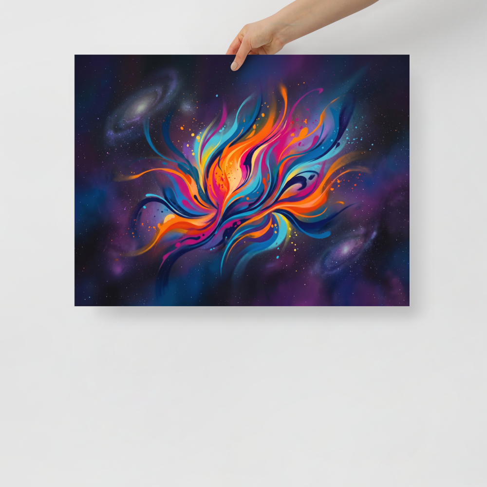 'Cosmic Flora' — a Abstract art print. An abstract colorful fluid explosion resembling a flower set against a dark starry space background, ideal for a Home Theater / Cinema.