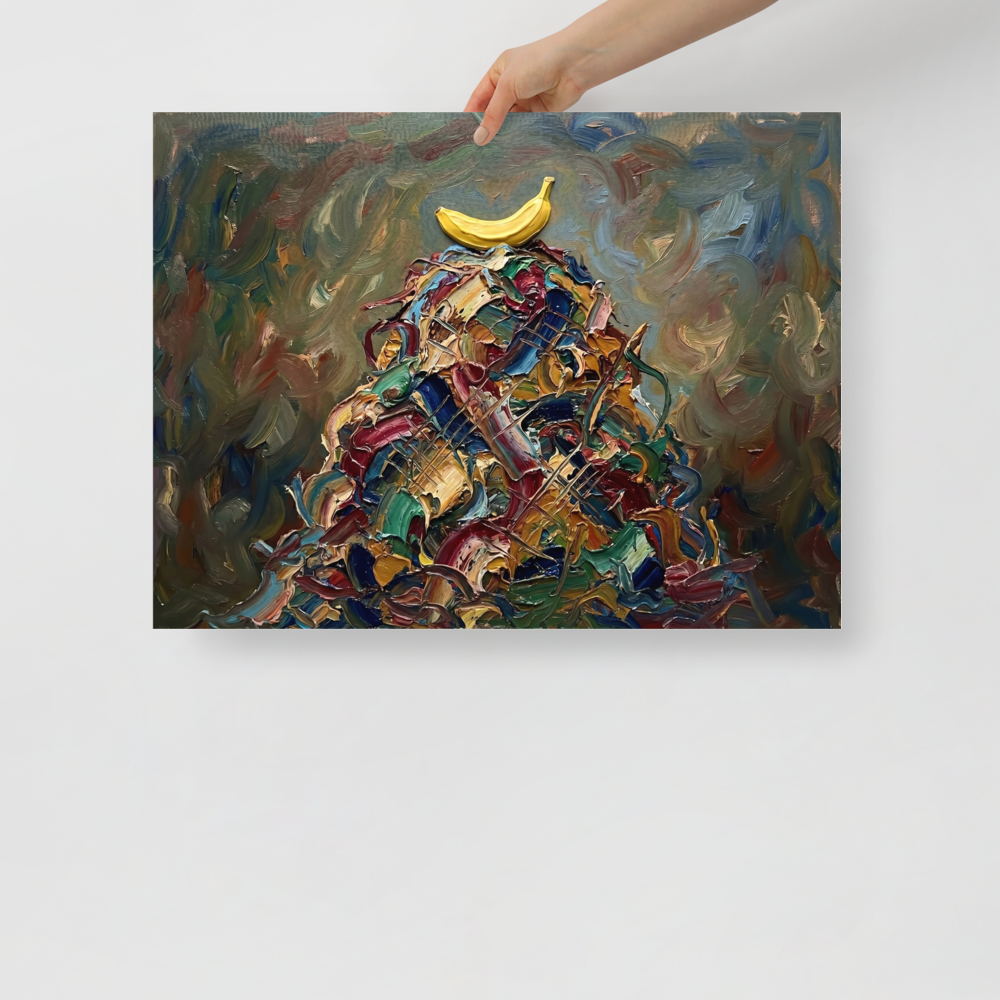 'The Pinnacle' — a Expressionism print. An impasto painting of a yellow banana sitting on top of a chaotic pile of colorful paint strokes, suited for a modern Dining Room.
