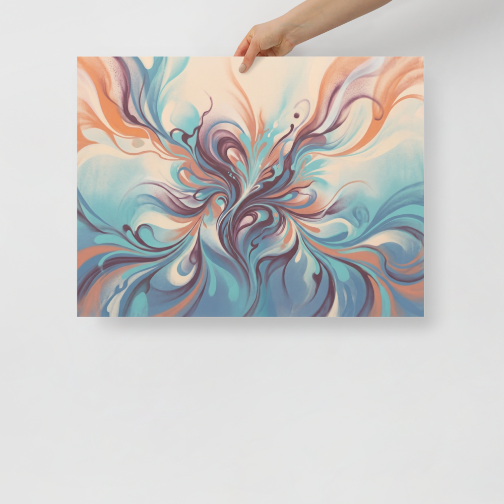 'Aqua Arabesque' — a Abstract art print. An intricate fluid abstract design in teal, peach, and deep purple with graceful sweeping curves, perfect for a Salon / Spa.