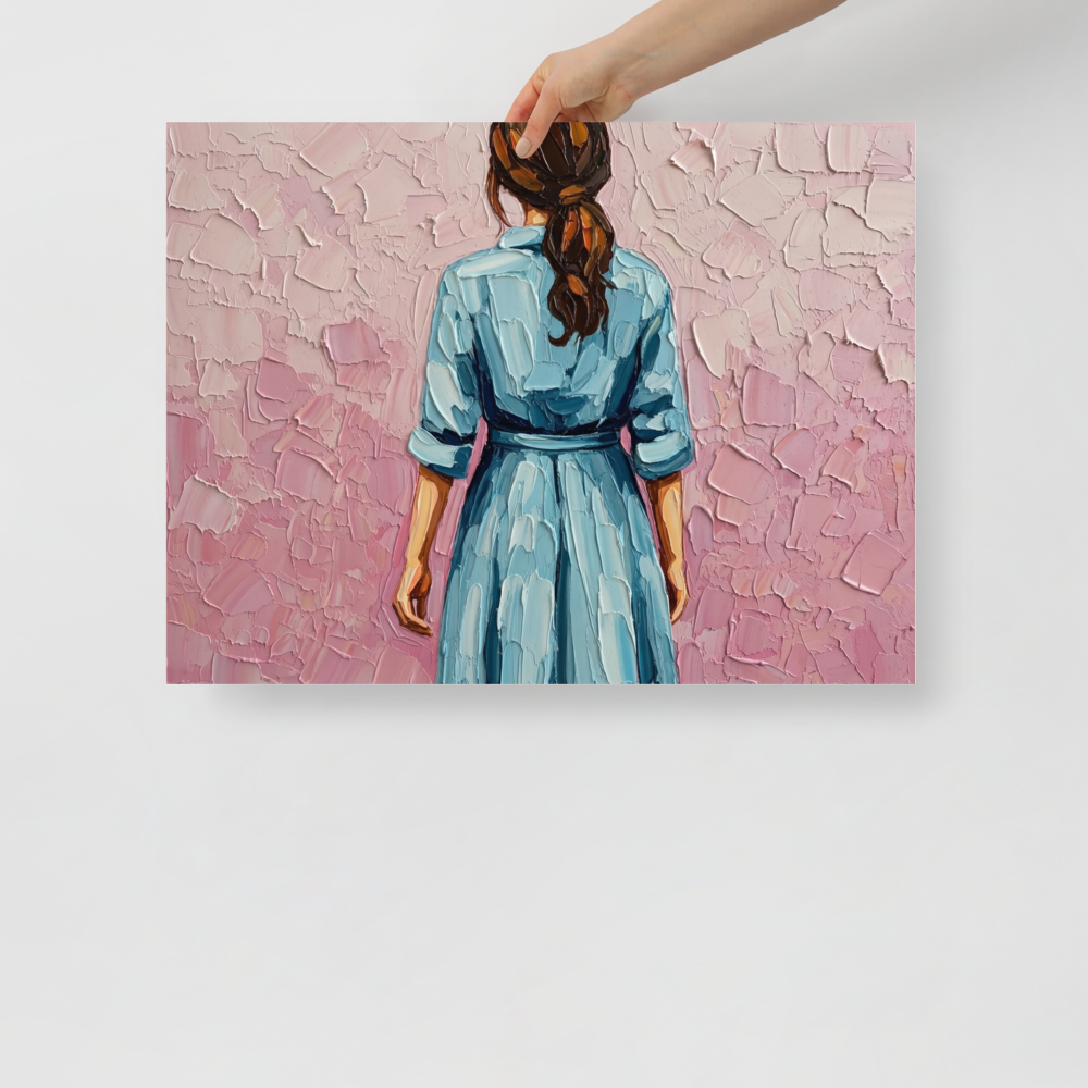 'The Blue Dress' — a Figurative art print. An impasto painting of a woman seen from behind wearing a light blue dress with her hair tied back, standing against a pink wall, perfect for a bedroom.