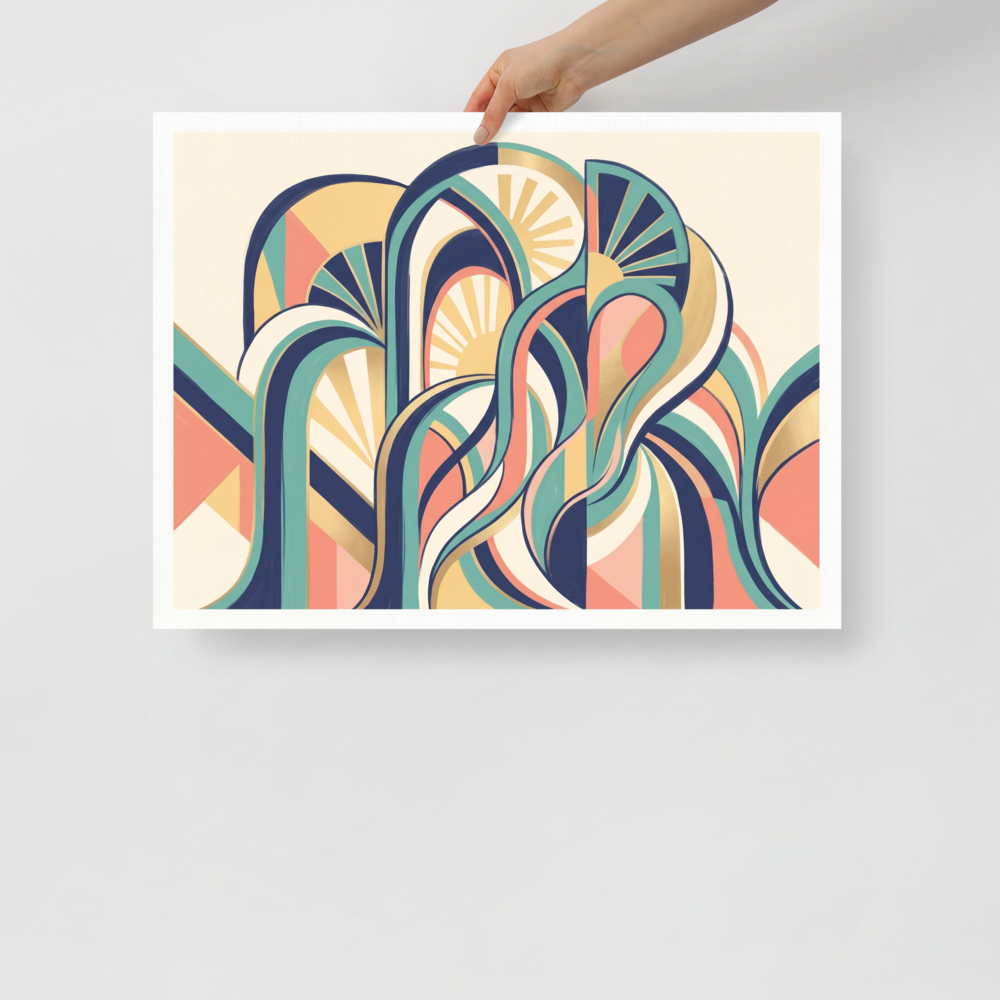 'Dynamic Deco Arches' — a Art Deco print. An abstract Art Deco illustration with swirling geometric ribbons, arches, and sunbursts in navy, teal, and coral, perfect for a lively living room.