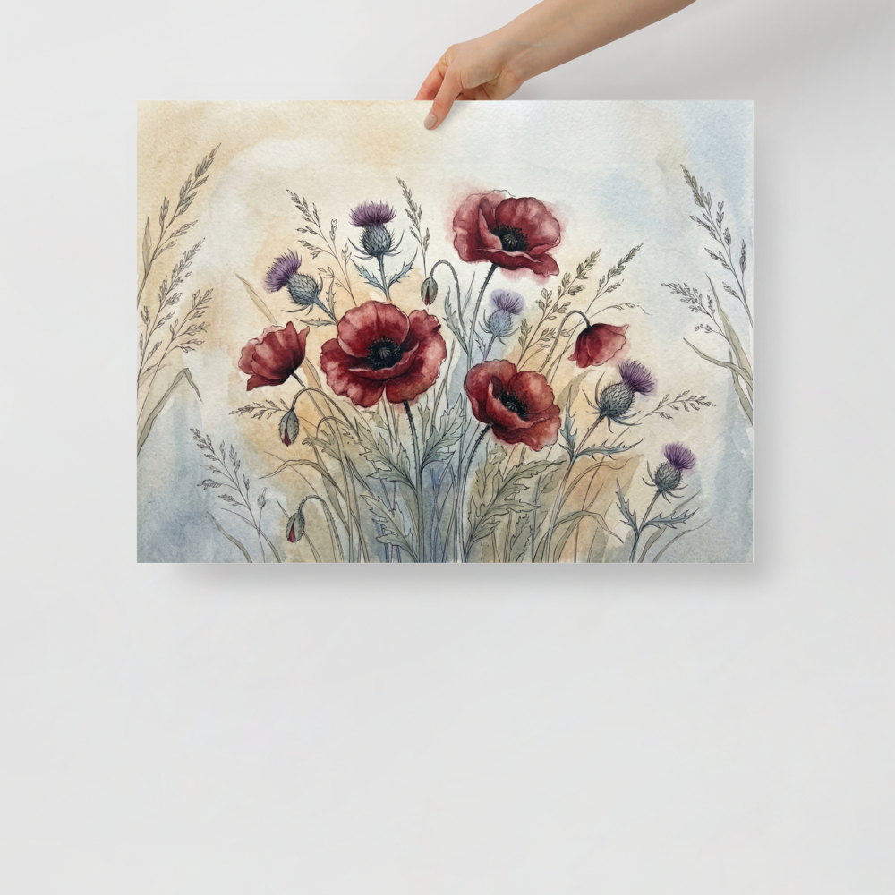 'Wildflower Medley' — a Realism print. Delicate watercolor painting of red poppies and purple thistles against a soft background, perfect for a serene bedroom.