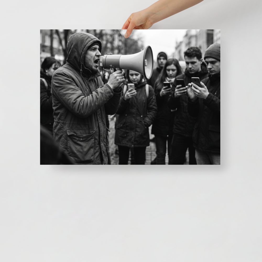 'Deafening Silence' — a Art photography print. Black and white photograph of a man shouting into a megaphone while the surrounding crowd ignores him to look at their smartphones, fitting for an office or den.