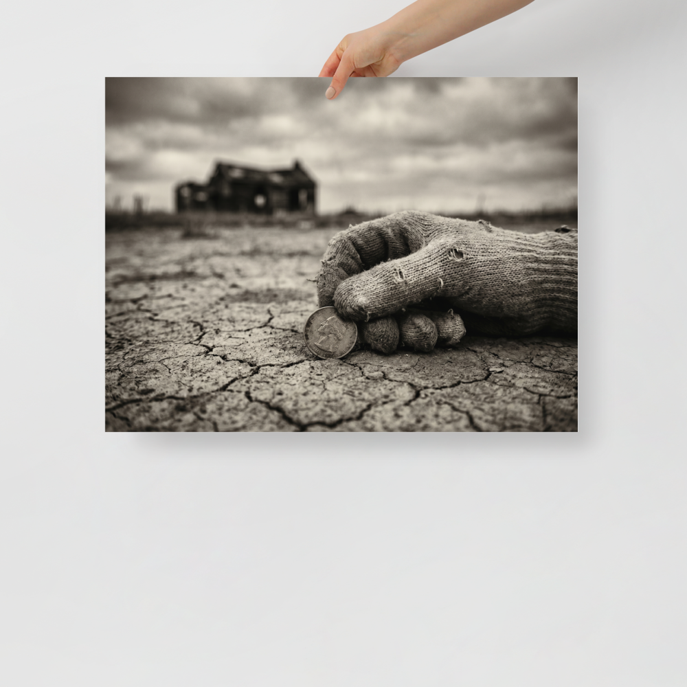 'The Last Coin' — a American realism print. A sepia-toned photograph of a worn, gloved hand holding a coin on cracked earth, with an abandoned house in the background, suitable for a rustic Office or Living Room.