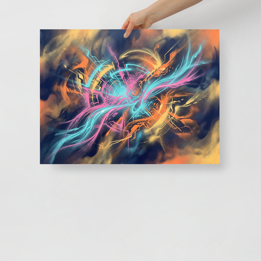 'Neon Core' — a Abstract art,Pop art print. An energetic abstract piece with glowing neon cyan and pink lines against a dark, smoky orange and blue background, perfect for a modern game room.