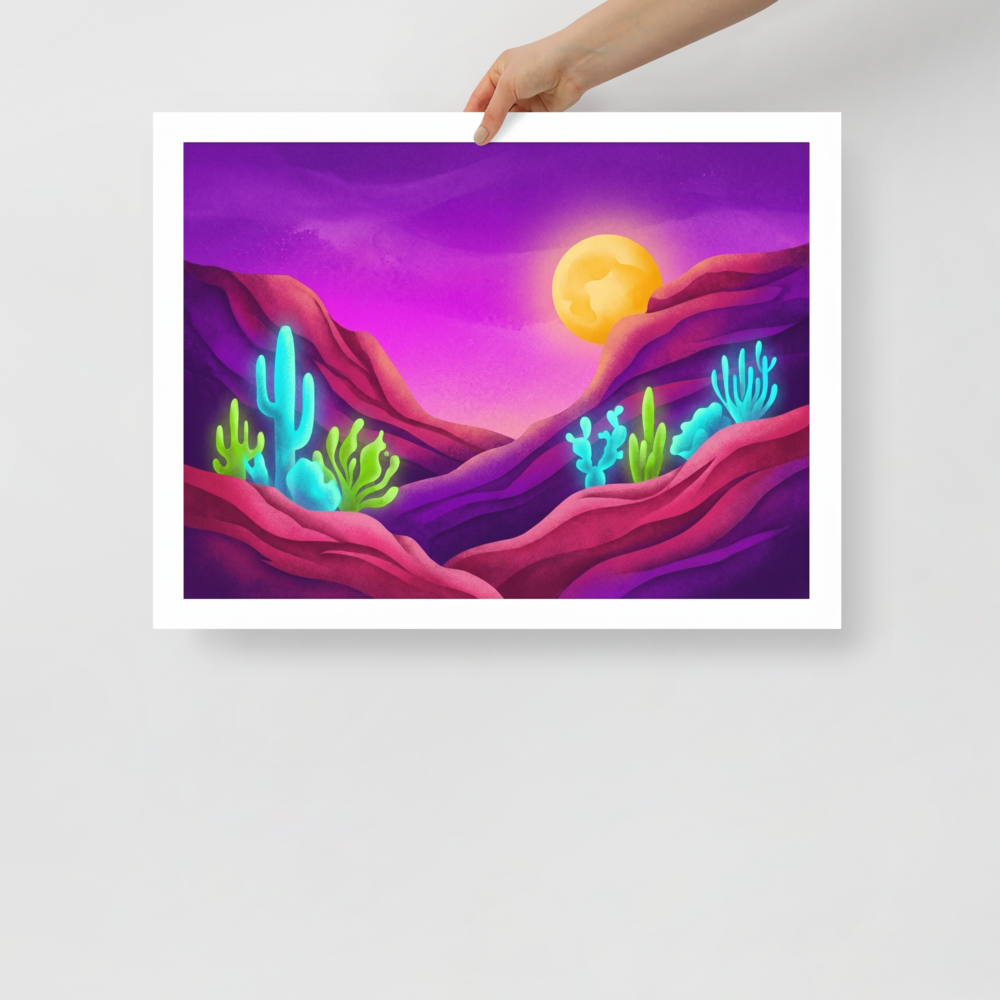 'Bioluminescent Desert' — a Surrealism,Psychedelic art print. A vividly colored surreal desert landscape at night with a glowing moon, purple skies, and glowing neon blue and green cacti.