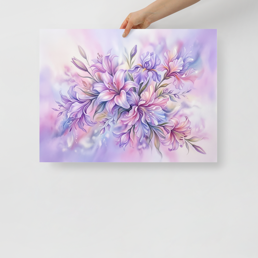 'Pastel Petals' — a Impressionism print. A soft and dreamy airbrush painting of purple and pink lilies, bringing tranquility to a bedroom.