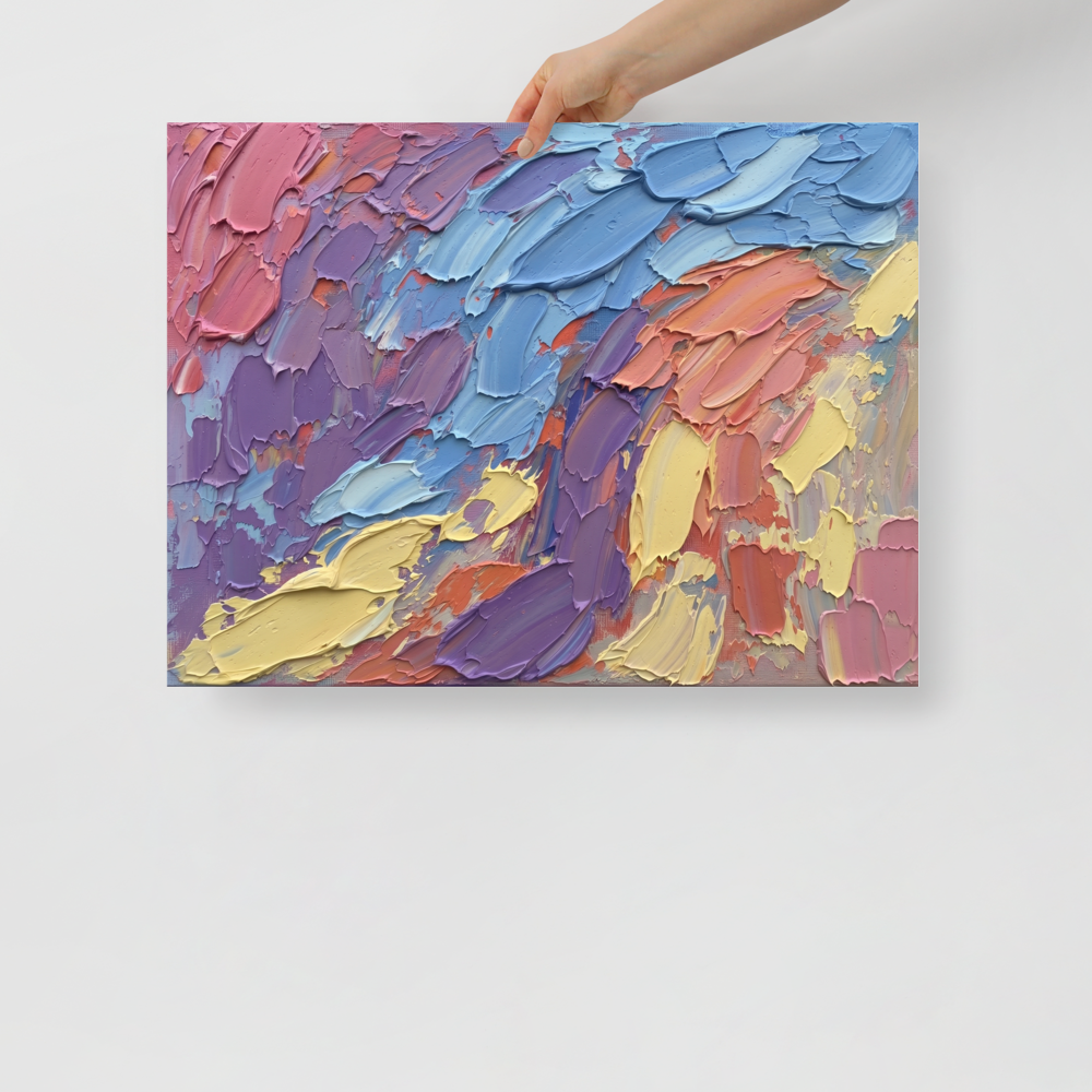 'Vibrant Palette Dance' — a Abstract expressionism print. An abstract oil painting featuring thick, sweeping palette knife strokes in joyful pinks, blues, yellows, and purples, suitable for a living room or office.