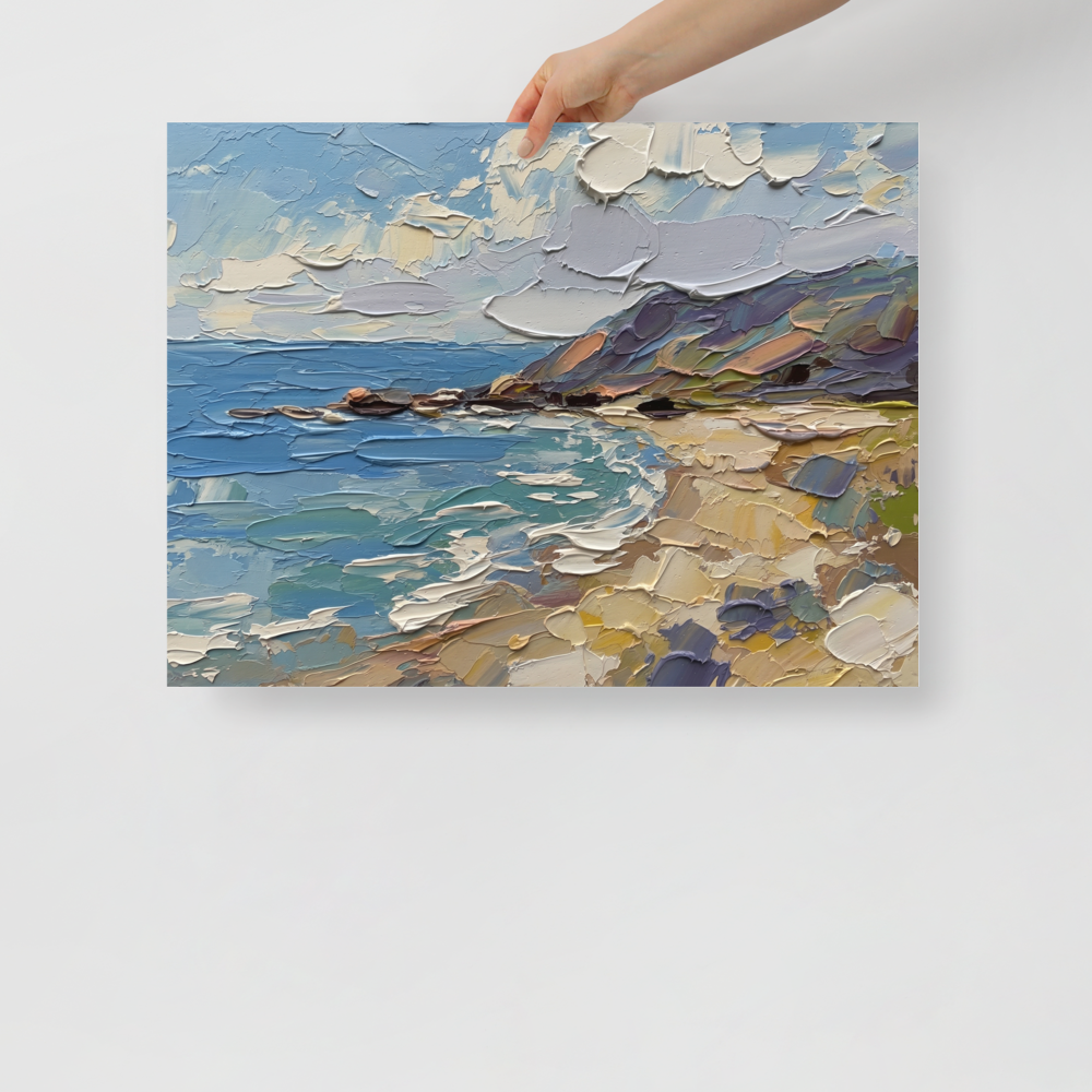'Impasto Coastline' — a Impressionism print. A heavily textured impasto landscape painting of blue ocean waves crashing against a sandy beach and a rugged cliff under a cloudy sky, great for a living room.