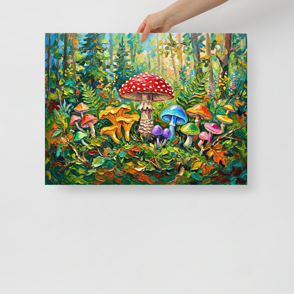 'The Enchanted Grove' — a Fauvism print. An impasto painting of bright, colorful mushrooms in a vibrant green forest, perfect for a Playroom.