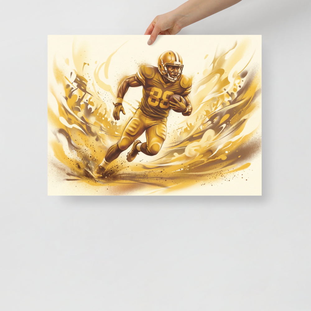 'Golden Gridiron' — a Figurative art print. An intense portrait of a football player running through golden dust, adding competitive energy to a Man Cave.