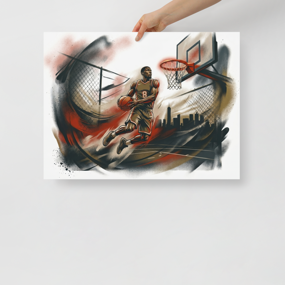 'The Final Dunk' — a Figurative art print. An athletic basketball player performing a slam dunk with energetic splashes of color, bringing excitement to a Game Room.