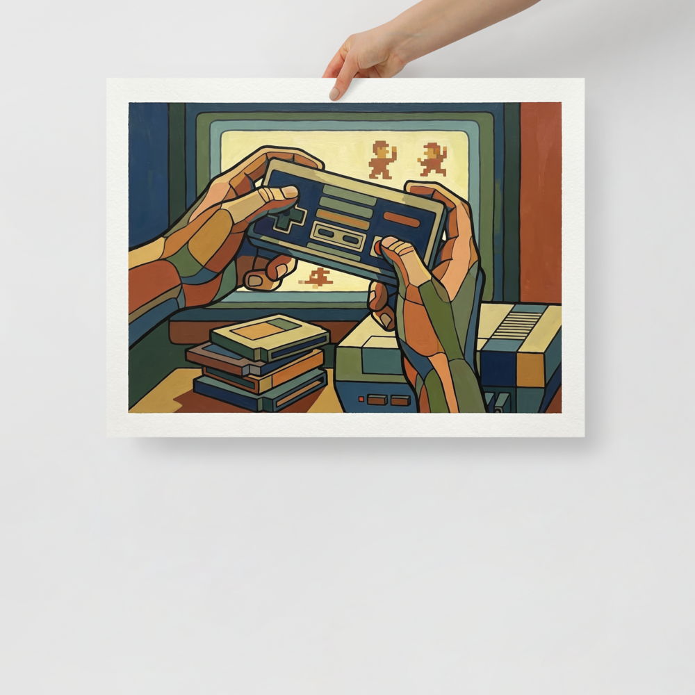 '8-Bit Nostalgia' — a Cloisonnism,Pop art print. A retro gaming scene painted in a Cloisonnism style, featuring hands holding an old controller in front of a CRT TV, ideal for a game room.